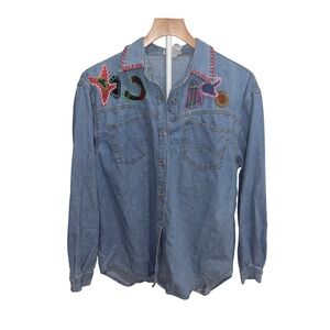 Vintage Blue Star Patchwork Denim Shirt | Artsy Boho 90s Teacher‎ Core